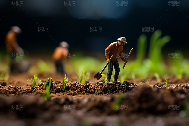 微距小人农民粮食播种摄影图