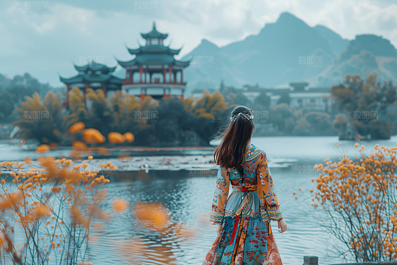 女生旅游背影美女自然素材