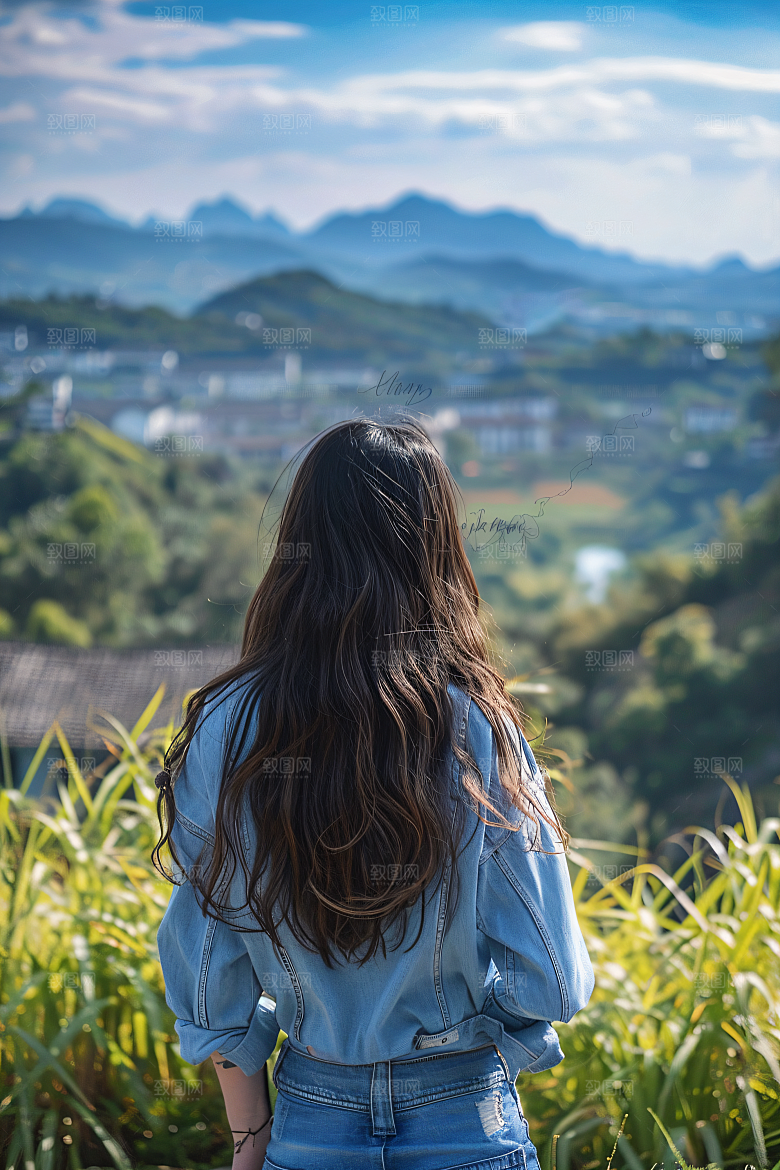 女生旅游背影人像景色素材