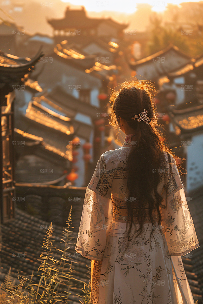 女生旅游背影自然风光素材