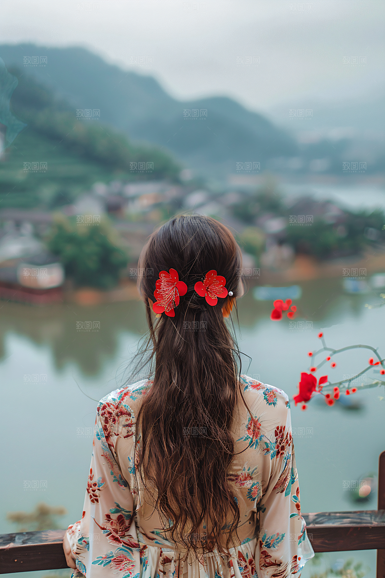女生旅游背影景色美女素材