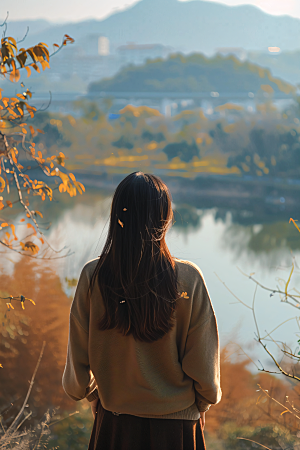 女生旅游背影自然自然素材