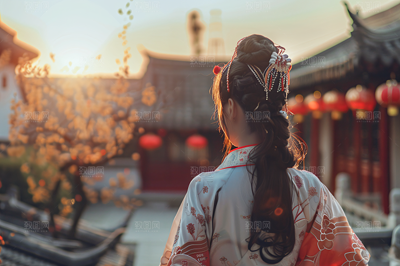 女生旅游背影自然节假日素材