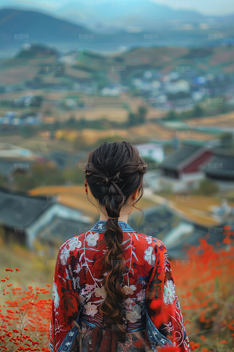女生旅游背影自然风光素材