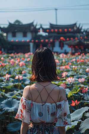 女生旅游背影景色旅游素材