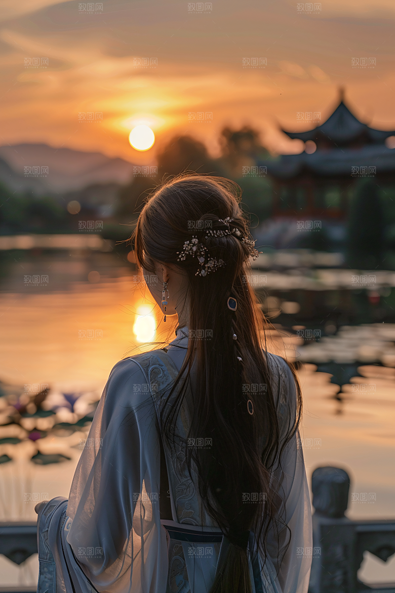 女生旅游背影自然节假日素材