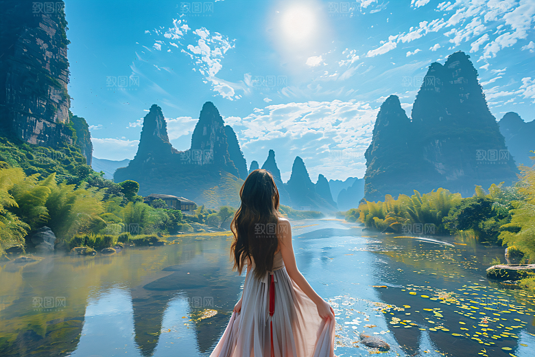 女生旅游背影自然美女素材