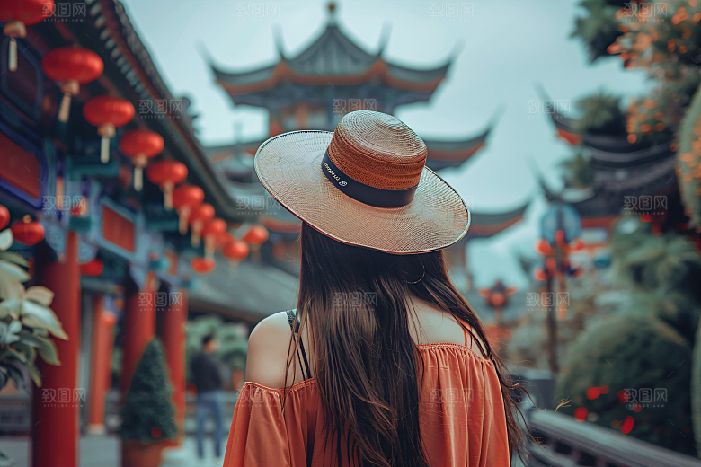 女生旅游背影自然美女素材