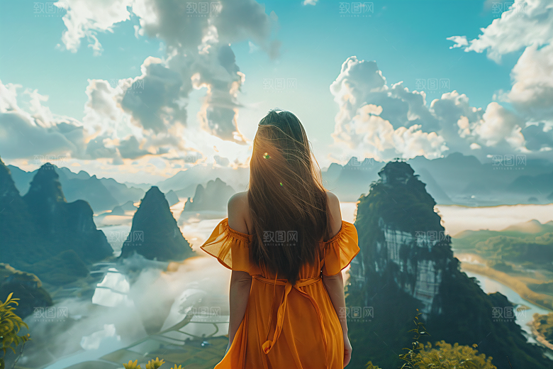 女生旅游背影节假日美女素材