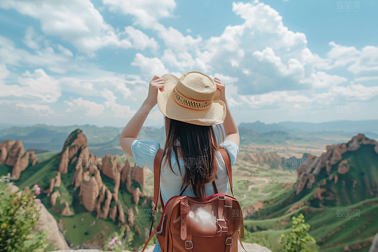 女生旅游背影自然旅游素材