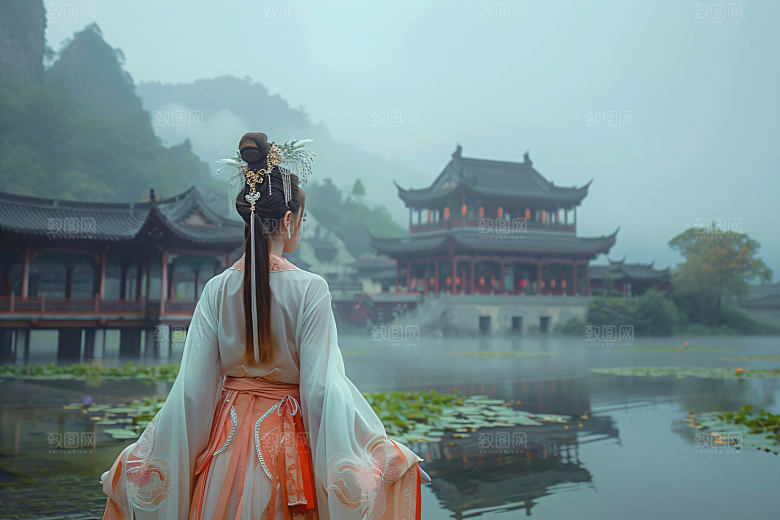 女生旅游背影人像风光素材