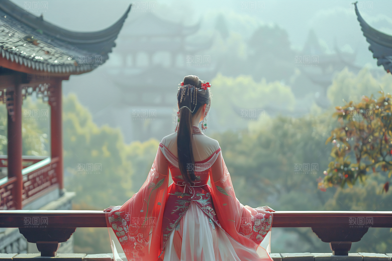 女生旅游背影风光美女素材