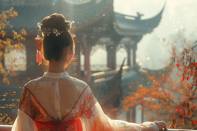 女生旅游背影风光景色素材
