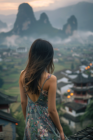 女生旅行背影人物唯美摄影图