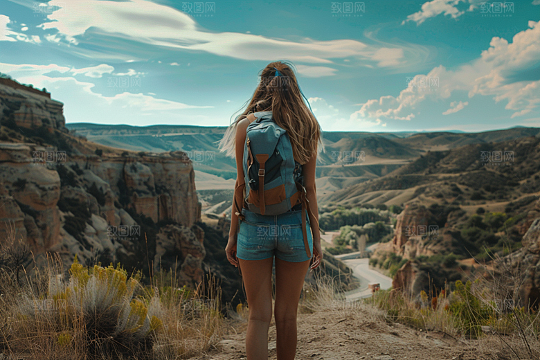 女生旅行背影户外人物摄影图