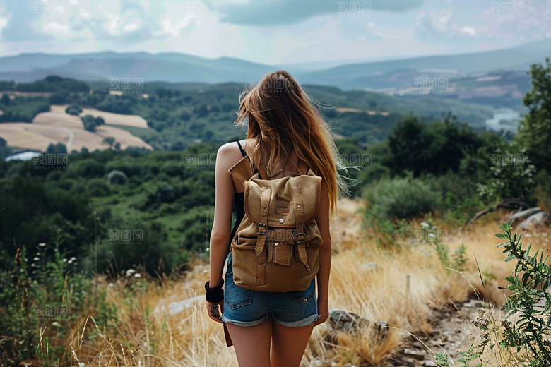 女生旅行背影旅游徒步摄影图