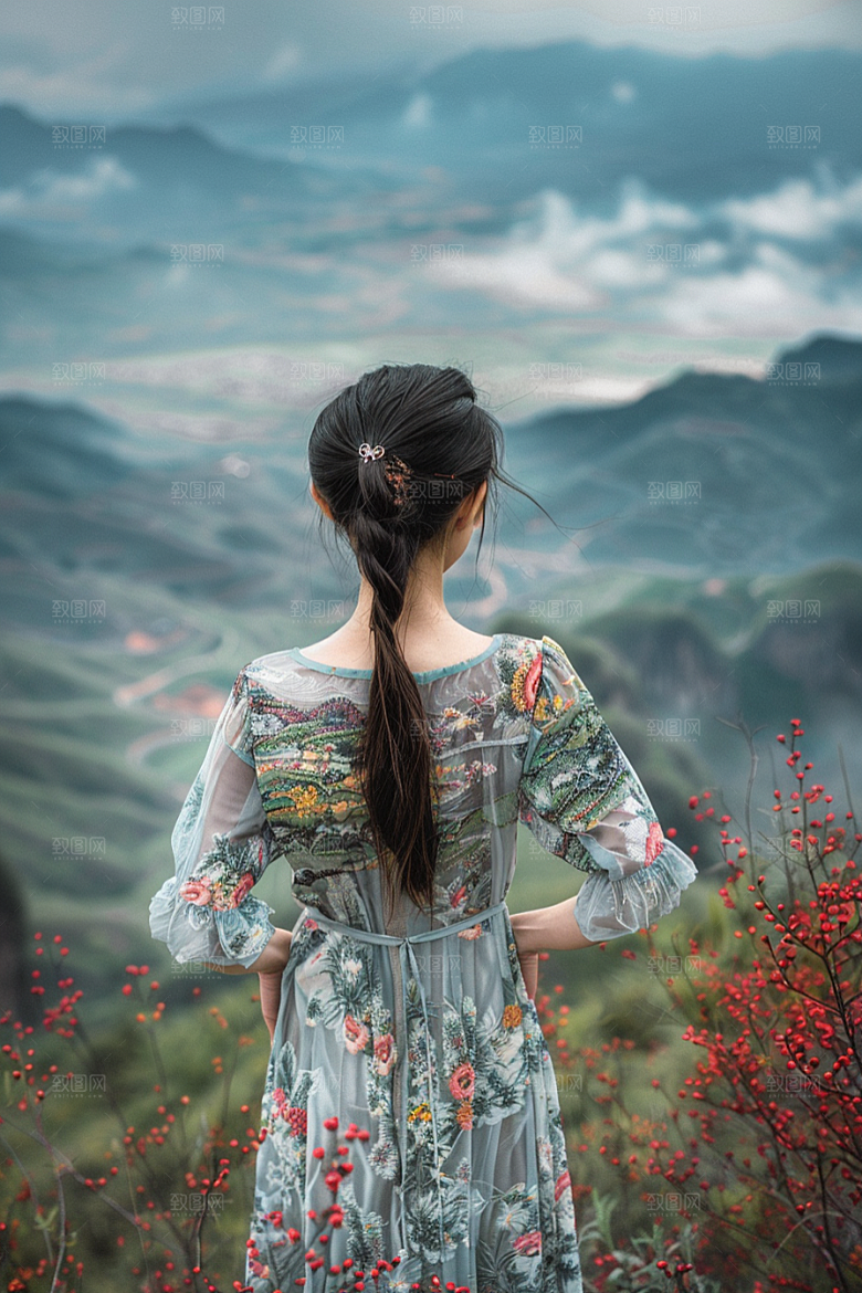 女生旅行背影旅游辽阔摄影图