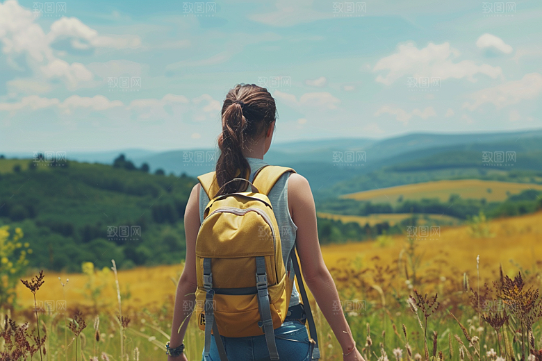女生旅行背影徒步户外摄影图