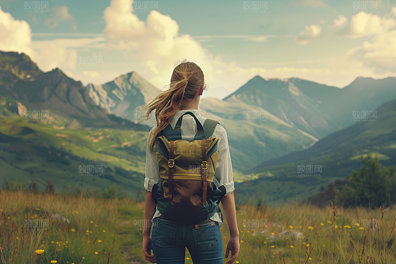 女生旅行背影人物自由行摄影图