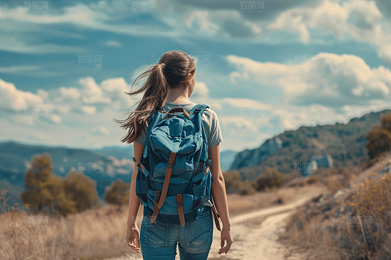 女生旅行背影户外辽阔摄影图