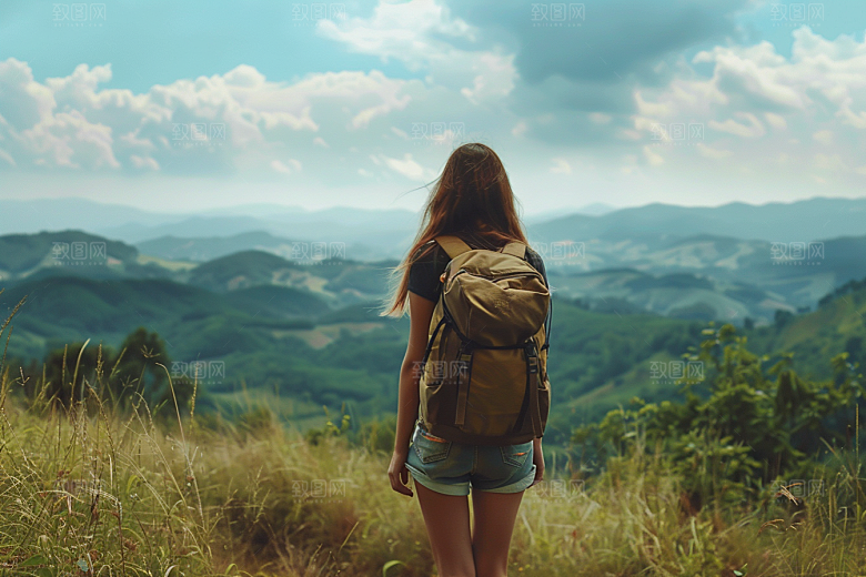 女生旅行背影辽阔风光摄影图