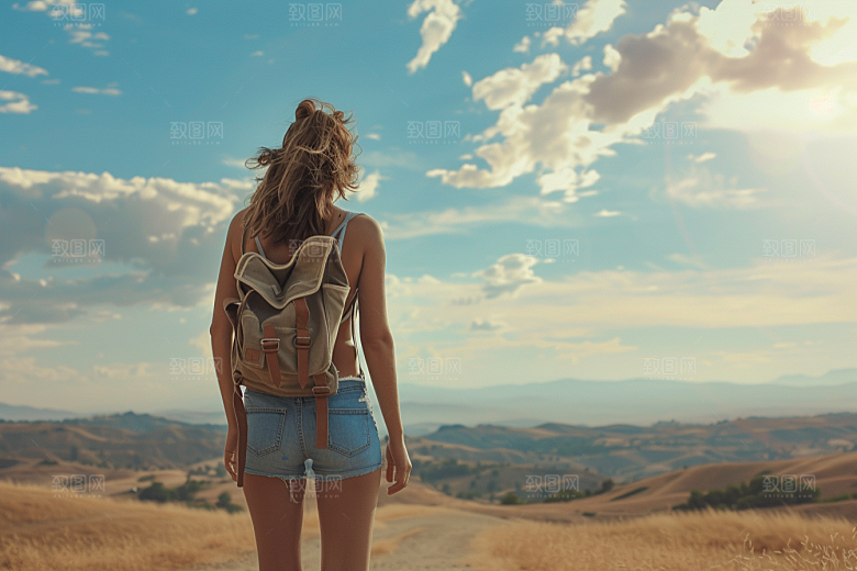 女生旅行背影唯美徒步摄影图