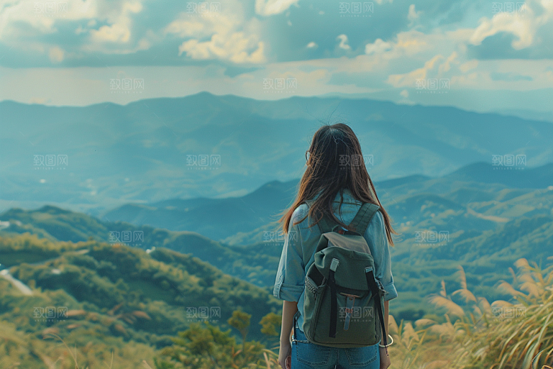 女生旅行背影徒步探险摄影图