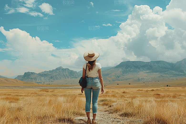女生旅行背影辽阔唯美摄影图