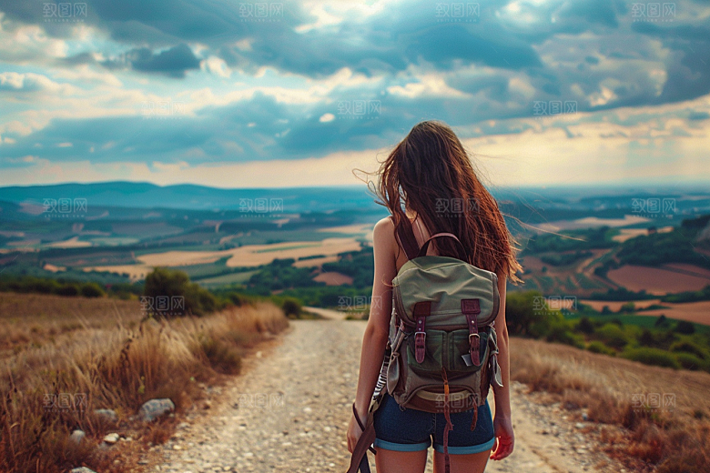 女生旅行背影户外自由行摄影图