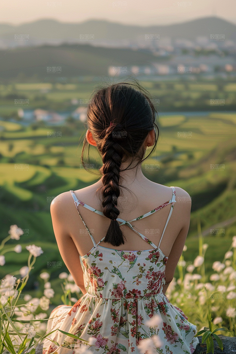 女生旅行背影辽阔风光摄影图