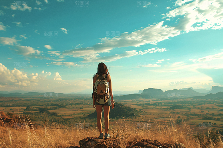 女生旅行背影风光自然摄影图