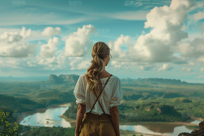女生旅行背影自然户外摄影图