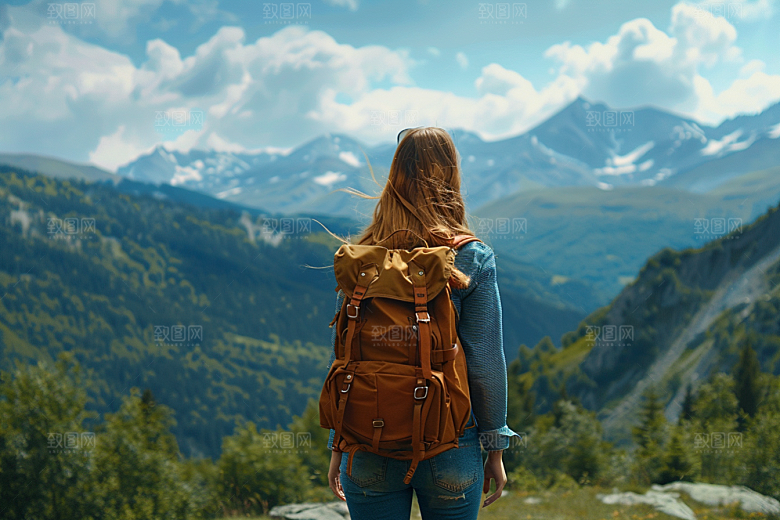 女生旅行背影风光自然摄影图