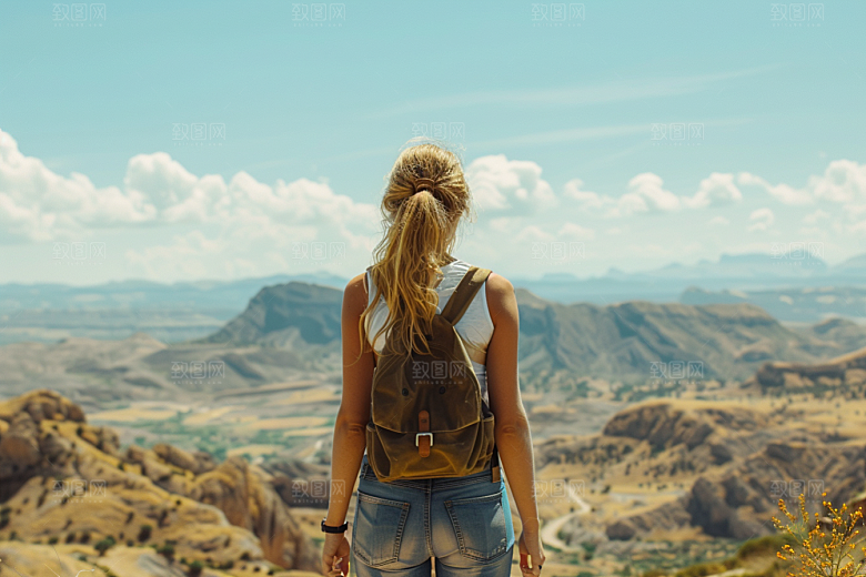 女生旅行背影旅游辽阔摄影图