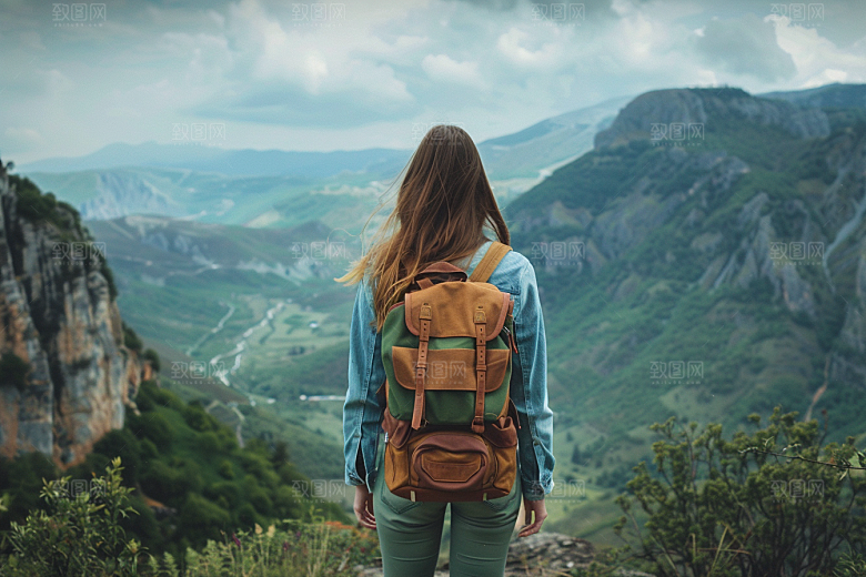 女生旅行背影自然探险摄影图