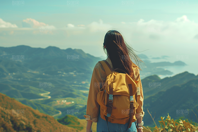 女生旅行背影探险户外摄影图
