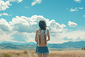 女生旅行背影高清探险摄影图