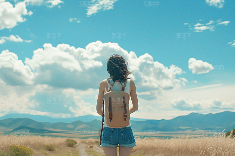 女生旅行背影高清探险摄影图