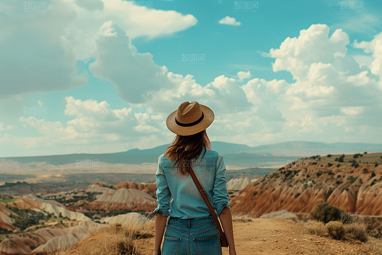 女生旅行背影徒步自然摄影图