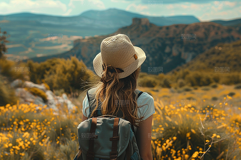 女生旅行背影户外自由行摄影图