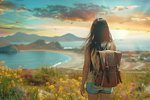 女生旅行背影旅游辽阔摄影图