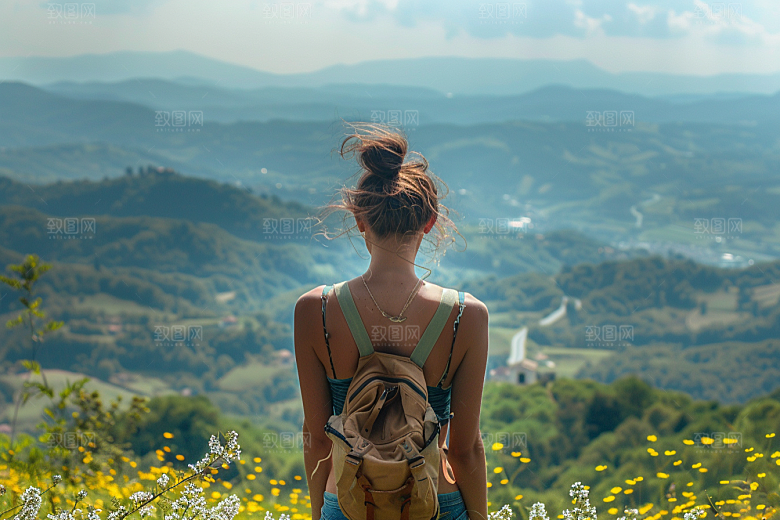 女生旅行背影徒步自然摄影图
