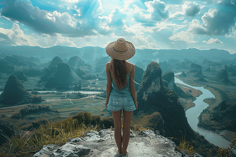 女生旅行背影唯美户外摄影图