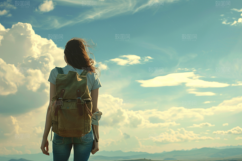 女生旅行背影徒步探险摄影图