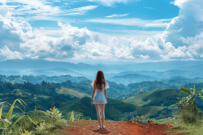 女生旅行背影探险辽阔摄影图