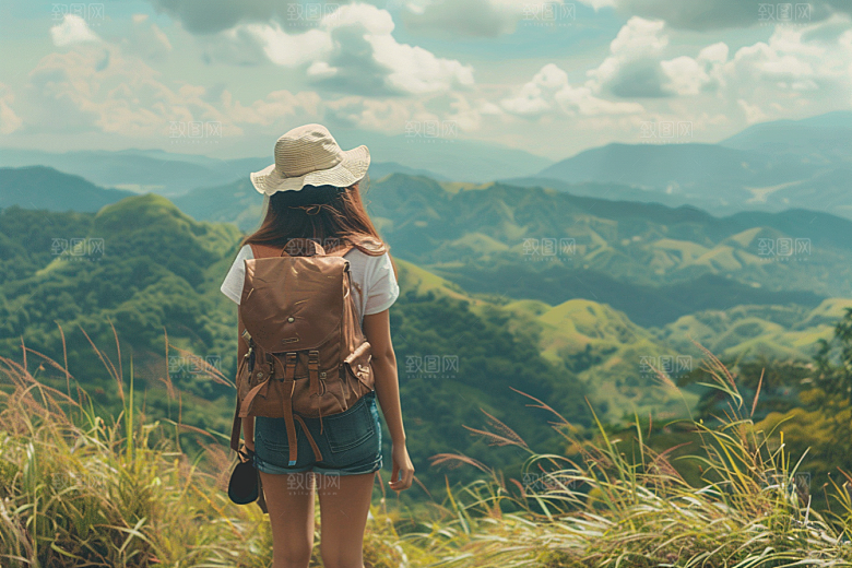 女生旅行背影徒步旅游摄影图