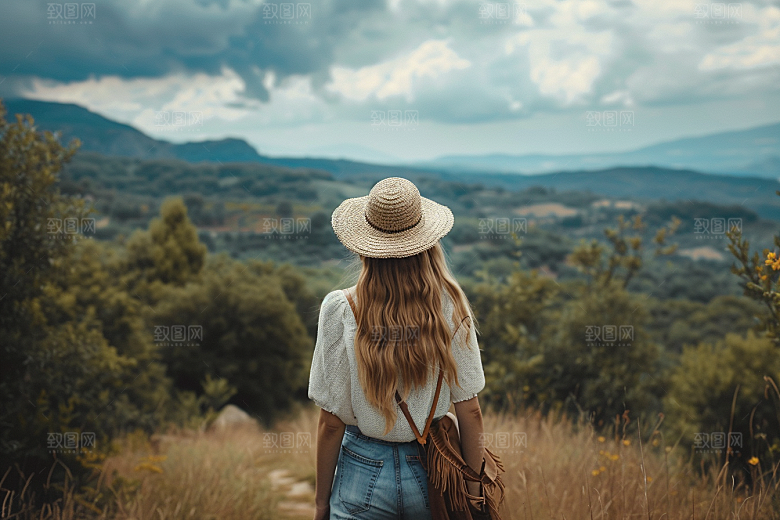 女生旅行背影自由行户外摄影图