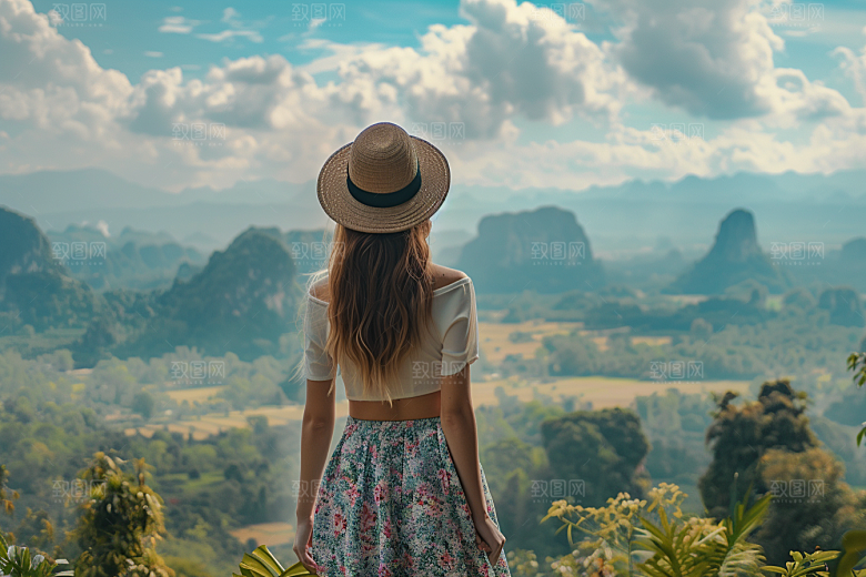 女生旅行背影徒步辽阔摄影图