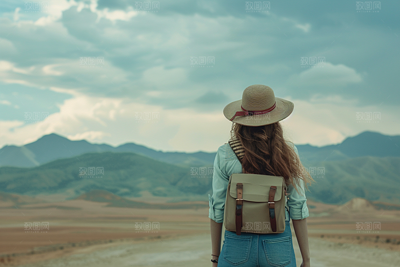 女生旅行背影徒步探险摄影图