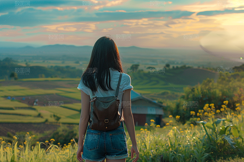女生旅行背影高清唯美摄影图